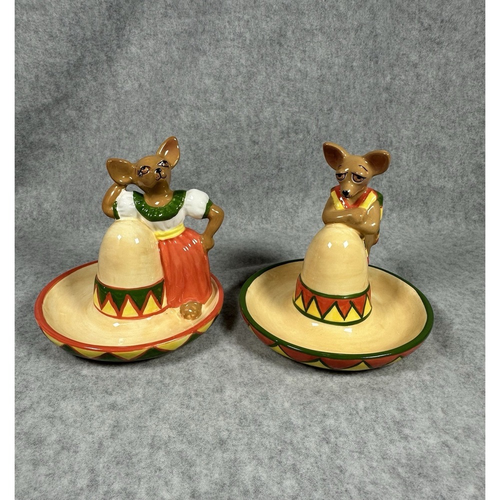 Vintage Ceramic Chihuahua Sombrero Salt and Pepper Shakers Set By Clay Art 1990s
